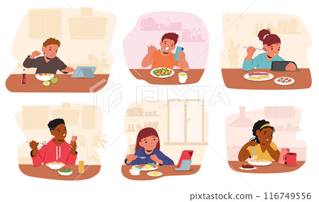 Children Using Gadgets Like Smartphones And Tablets While Eating Meals. Vector Scene Reflects Modern Technology Habits Children Using Gadgets Like Smartphones And Tablets While Eating Meals. Vector Scene Reflects Modern Technology Habits 116749556