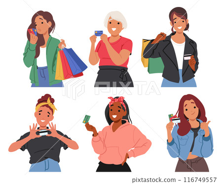 Illustration Of Six Diverse Women Happily Shopping Using Credit And Debit Cards. Each Woman Is Holding Shopping Bags 116749557