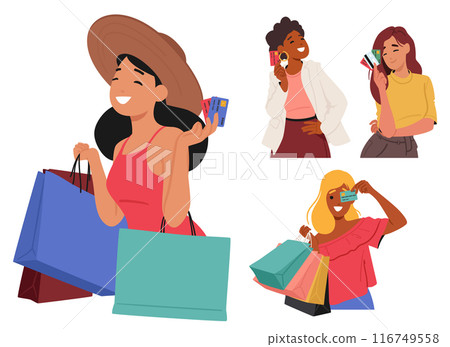 Women Joyfully Shopping With Credit Cards And Shopping Bags Convey Themes Of Retail Therapy, Consumerism, And Happiness Women Joyfully Shopping With Credit Cards And Shopping Bags Convey Themes Of Retail Therapy, Consumerism, And Happiness 116749558