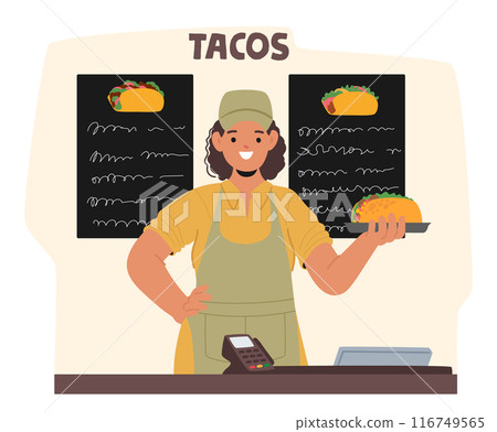Enthusiastic Fast Food Worker Standing Behind The Counter At A Taco Stand With Menu Board, Proudly Holding A Taco Enthusiastic Fast Food Worker Standing Behind The Counter At A Taco Stand With Menu Board, Proudly Holding A Taco 116749565