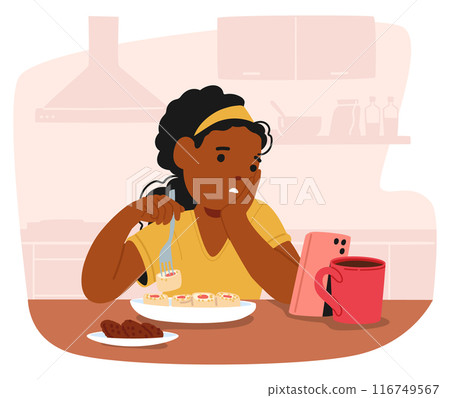 Child Engaged With A Smartphone While Eating Breakfast In A Cozy Home Kitchen Setting. Girl Character Appears Focused 116749567