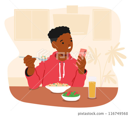 Boy Using A Smartphone While Eating Breakfast At Home. Cartoon Kid Is Distracted By His Device And Not Focusing On Meal Boy Using A Smartphone While Eating Breakfast At Home. Cartoon Kid Is Distracted By His Device And Not Focusing On Meal 116749568