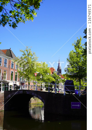 Beautiful view of Delft with the tower of the New Church in the background, Netherlands 116749571