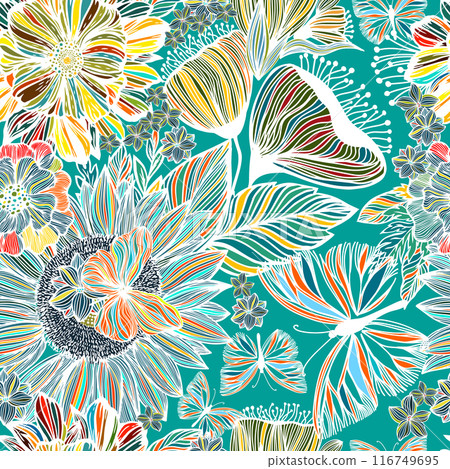 Hand Drawn Flowers Seamless Pattern. Blotched Floral Print. Expressive Outlines, Organic Large Scale Simplistic Retro Fashion Design hand drawing. Not AI, Vector illustration. Hand Drawn Flowers Seamless Pattern. Blotched Floral Print. Expressive Outlines, Organic Large Scale Simplistic Retro Fashion Design hand drawing. Not AI, Vector illustration. 116749695