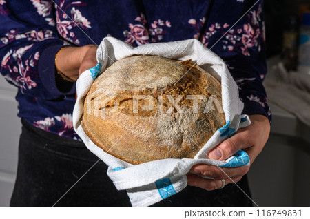 Woman holding homemade whole grain bread in her hands 3 Woman holding homemade whole grain bread in her hands 3 116749831