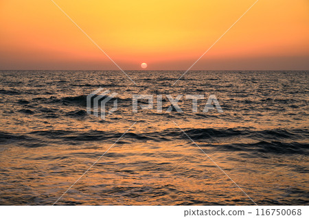 Panoramic view from the shore of the Mediterranean Sea at sunset 116750068