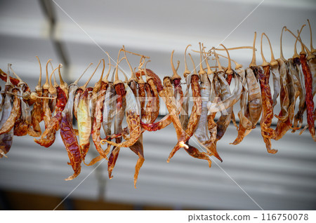 Photograph of homemade crimson dried hot peppers hung on a string in rows. Photograph of homemade crimson dried hot peppers hung on a string in rows. 116750078