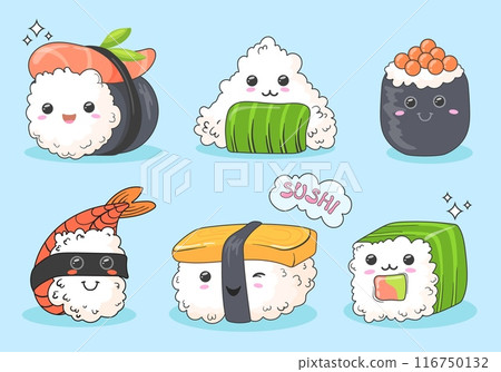Sushi rolls kawaii characters. Smiling sushis cute funny mascot, seafood roll with rice salmon seaweed sauce smile asian food face comic doodle character, neat vector illustration 116750132