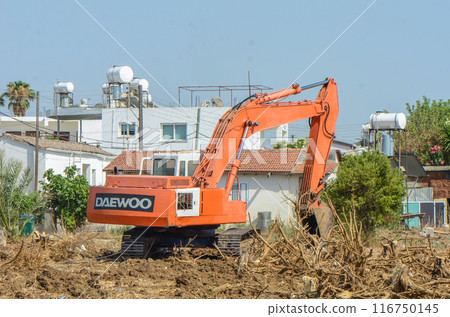 Gazeveren Cyprus 03.07.2024 - excavator uproots the roots of orange trees 116750145