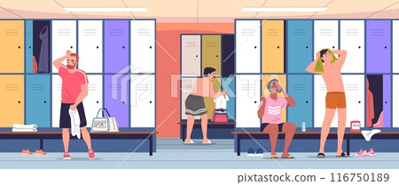 Sportsmen locker room. Gym athletes or football players indoor stadium cloakroom, sportsman with towel at lockers sport club team resting after training, classy vector illustration Sportsmen locker room. Gym athletes or football players indoor stadium cloakroom, sportsman with towel at lockers sport club team resting after training, classy vector illustration 116750189