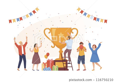 Team incentives award. Success teamwork achievement, business incentive corporate competition winner trophy office colleague motivation victory ceremony vector illustration Team incentives award. Success teamwork achievement, business incentive corporate competition winner trophy office colleague motivation victory ceremony vector illustration 116750210