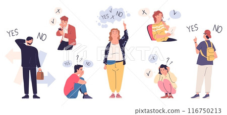 People dilemma choice. Person doubt option, confused man thoughtful woman with question choose decision decide opportunity alternative solution pensive process vector illustration People dilemma choice. Person doubt option, confused man thoughtful woman with question choose decision decide opportunity alternative solution pensive process vector illustration 116750213