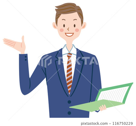 Businessman giving a presentation, explanation, guidance, sales Businessman giving a presentation, explanation, guidance, sales 116750229