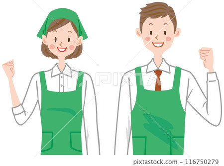 Supermarket clerk, supermarket, male and female staff posing in fist, housekeeping service 116750279