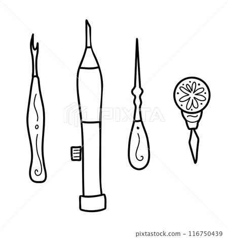 Set of Needlework Tools, Hand drawn Icons. Awl, Embroidery Needle, Seam Ripper and Needle Threader. Hand drawn Vector Illustration in Doodle Style. Vintage Line art. 116750439