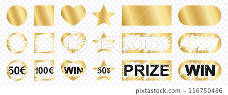 Set of gold scratch card surfaces with new and scraped textures and Win, Prize and money winning text. Collection of winner lotteries, sale coupons, jackpot scratchcards templates Set of gold scratch card surfaces with new and scraped textures and Win, Prize and money winning text. Collection of winner lotteries, sale coupons, jackpot scratchcards templates 116750486