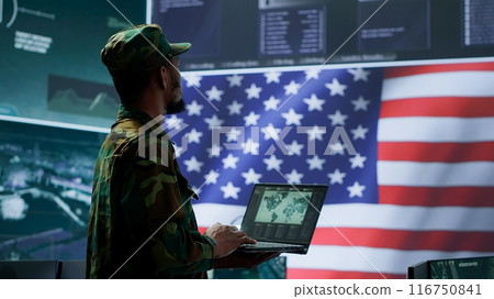 US soldiers operating in a high tech cybersecurity command post, managing state secrets and classified information. Protecting servers against digital threats and cyber warfare. Camera A. 116750841
