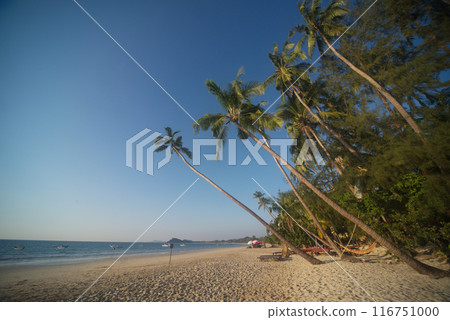 Ngapali Beach is Myanmar's most famous beach. This beautiful beach Consisting of clean white sand beaches, blue sea water. and beautiful rows of palm trees along the coast. It is located Myanmar. Ngapali Beach is Myanmar's most famous beach. This beautiful beach Consisting of clean white sand beaches, blue sea water. and beautiful rows of palm trees along the coast. It is located Myanmar. 116751000