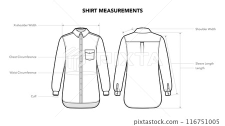 Set of Shirt Top Measurement, Length, Width, Circumference styles technical fashion illustration. Flat apparel template 116751005