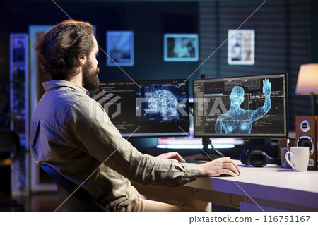 Self aware AI gaining humanoid form inside cyberspace, waving hand, saluting software engineer. Artificial intelligence becoming sentient, greeting IT expert at desk, AI singularity concept 116751167