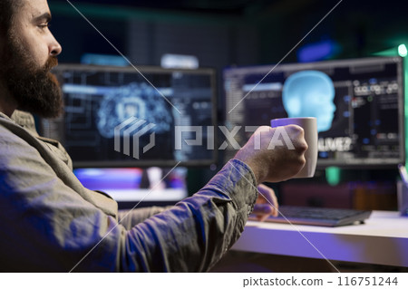 Sentient AI interacting with man drinking coffee, asking existential questions after modifying own source code. Self aware artificial intelligence becoming alive, saluting admin enjoying hot beverage 116751244