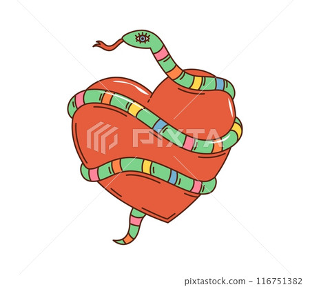 Cartoon retro groovy snake with heart in 70s hippie art for Valentine love, vector icon. Groovy heart wrapped by funny rainbow serpent snake for hipster or hippie sticker or emoji for t-shirt print 116751382
