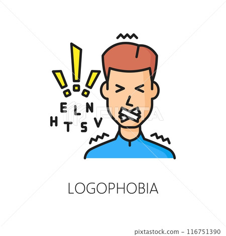 Phobia logophobia, speech anxiety and fear of public speaking, vector line icon. Psychology problem and mental health disorder, outline color symbol of logophobia or glossophobia for psychology 116751390