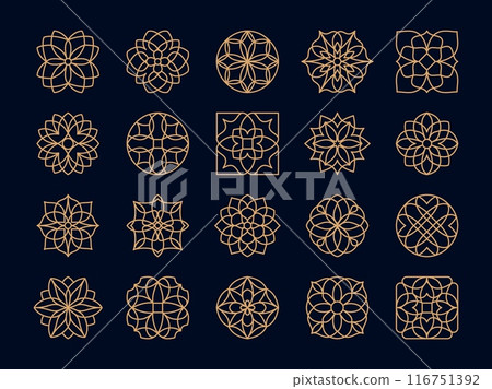 Art deco flowers in golden line for floral pattern ornament, vector elements. Art deco flowers in abstract geometric gold outline, oriental eastern floral blossom petals of Boho or Mandala decoration 116751392