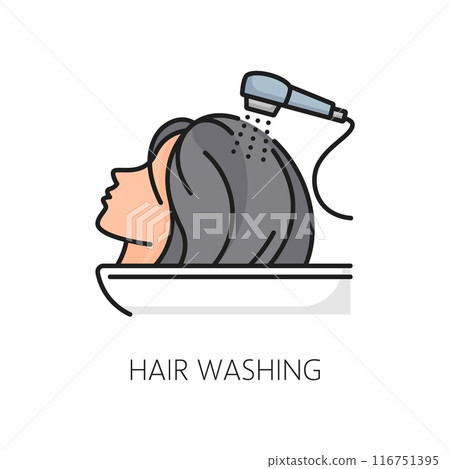 Beauty salon hair washing and care line color icon. Spa or woman hairdresser salon outline sign, haircare cosmetology treatment product. Bathroom cosmetics thin line vector pictogram or symbol 116751395