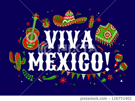 Viva Mexico banner with sombrero, guitar and peppers for Mexican holiday fiesta, vector background. Viva Mexico poster with Mexican ornament of poncho, maracas and cactus with jalapeno peppers 116751401