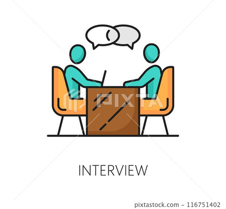 Recruitment interview, business career search color line icon. Head hunter service, company recruitment and employment thin line vector symbol with employer and job candidate negotiating at the table 116751402