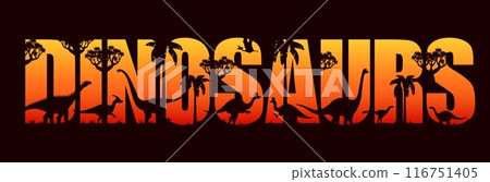 Dinosaurs sunset silhouettes in jungle forest or Jurassic park, vector prehistoric background. Dinosaur lizards with palm trees in letters silhouettes, prehistoric banner with cartoon dino reptiles 116751405