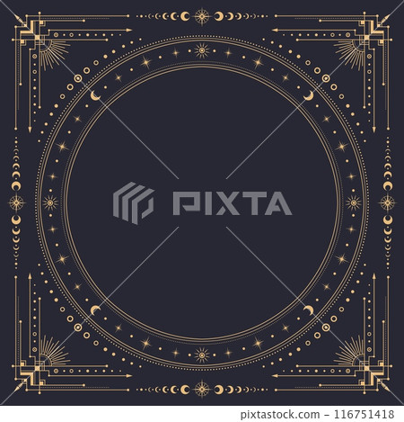 Square celestial frame with borders of mystic gold moon and stars, vector tarot cards, astrology and witchcraft. Golden line boho ornament frame with fantasy constellations, sun and eclipse borders Square celestial frame with borders of mystic gold moon and stars, vector tarot cards, astrology and witchcraft. Golden line boho ornament frame with fantasy constellations, sun and eclipse borders 116751418