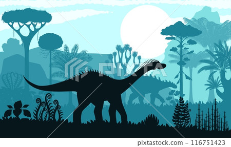 Prehistoric dinosaur silhouette in evening forest or Jurassic park, vector background. Cartoon dinosaur lizard Barapasaurus or Dicraeosaurus with Stegosaurus in jungle with sunset and trees silhouette 116751423
