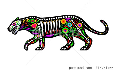 Mexican animal tattoo of jaguar with skull and skeleton bones in vector floral ornament. Mexican culture and ethnic art tattoo of jaguar, cougar and panther wild animal skeleton with heart and flowers 116751466