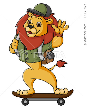 Funny lion cartoon with backpack of illustration 116751474