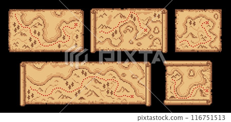 Pixel map paper scrolls, vector travel or pirate game UI assets. Pixel art maps on old parchment, pirate treasure hunt and adventure navigation scrolls with grunge texture, red routes and crosses 116751513