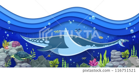 Underwater plesiosaurus dinosaur in paper cut prehistoric ocean landscape, vector background. Jurassic park extinct marine reptile lizard or plesiosaurus dinosaur with cartoon undersea dino creatures 116751521