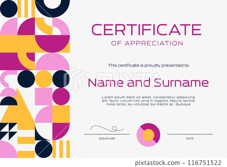 Certificate appreciation template with modern geometric pattern, vector diploma award. Education workshop appreciation certificate or training diploma template background with geometric shapes pattern Certificate appreciation template with modern geometric pattern, vector diploma award. Education workshop appreciation certificate or training diploma template background with geometric shapes pattern 116751522