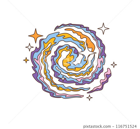 Retro groovy space in cartoon funky comic art, vector galaxy icon. Groovy cartoon space with galactic nebula with psychedelic swirl of cosmic clouds in alien extraterrestrial cosmos or black hole 116751524