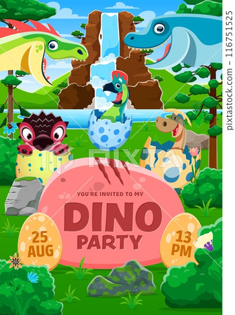 Kid party flyer with funny prehistoric dinosaurs. Vector dino holiday invitation poster template with cartoon cute baby reptiles hatching from the eggshells, raptor and euhelopus at jurassic landscape Kid party flyer with funny prehistoric dinosaurs. Vector dino holiday invitation poster template with cartoon cute baby reptiles hatching from the eggshells, raptor and euhelopus at jurassic landscape 116751525