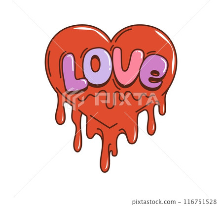 Cartoon retro groovy hippie love heart. Red melting heart with drips in nostalgic psychedelic style of 60s. Isolated vector y2k symbol of Valentines day, drug trip, love, romantic vibes or passion 116751528