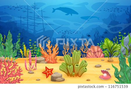 Algae seaweeds, whale and sunken ship silhouettes, underwater game landscape. Cartoon sea bottom level background with colorful coral reefs, fish and tropical plants. Ocean seafloor with marine life 116751539