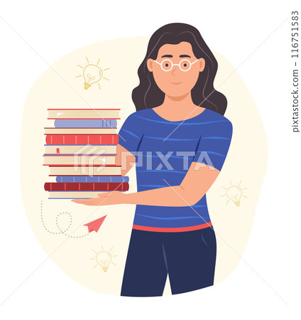 Happy Young Woman Holding Stack of Books for Reading and Education Concept Illustration 116751583