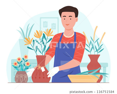 Florist Man Arranging Flowers into Vase in Flower Shop Florist Man Arranging Flowers into Vase in Flower Shop 116751584