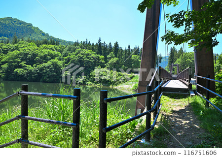 Early summer at Daigenta Canyon, a lake and a railway bridge, Yuzawa Town, Niigata Prefecture Early summer at Daigenta Canyon, a lake and a railway bridge, Yuzawa Town, Niigata Prefecture 116751606