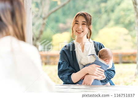 媽媽朋友、媽媽和寶寶在公園裡有媽媽朋友和女孩聚會 116751837