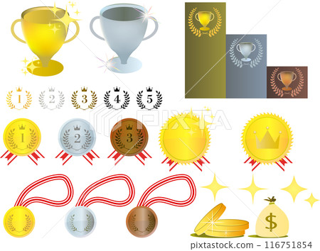 Gold, silver and bronze ranking trophy awards medals shiny design set 116751854