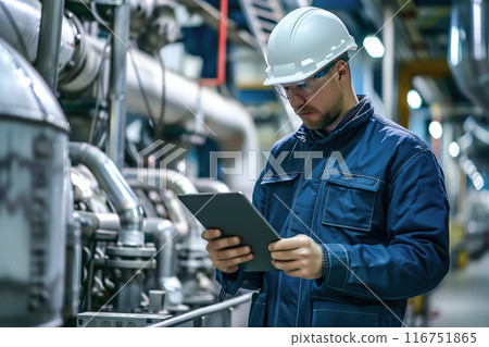 An engineer uses a tablet to control smart factory automation software. The concept of modern technology streamlining industrial process through digital tools and automation. Generative AI. 116751865
