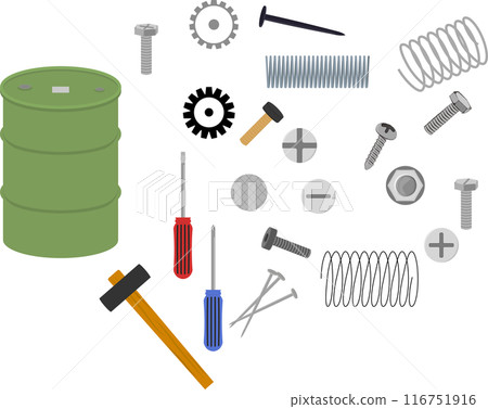 Metal industrial product set of screws, springs, bolts, nuts and gears Metal industrial product set of screws, springs, bolts, nuts and gears 116751916